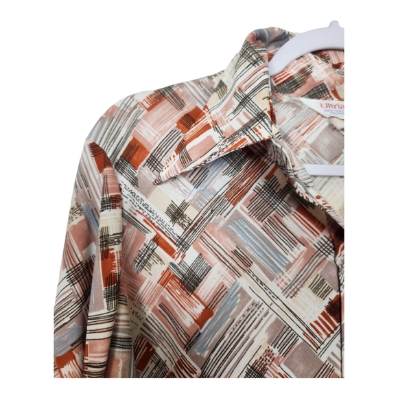 70s Vintage Ultriana Dagger Collar Brushstrokes Print Button Front Blouse - Picture 2 of 6